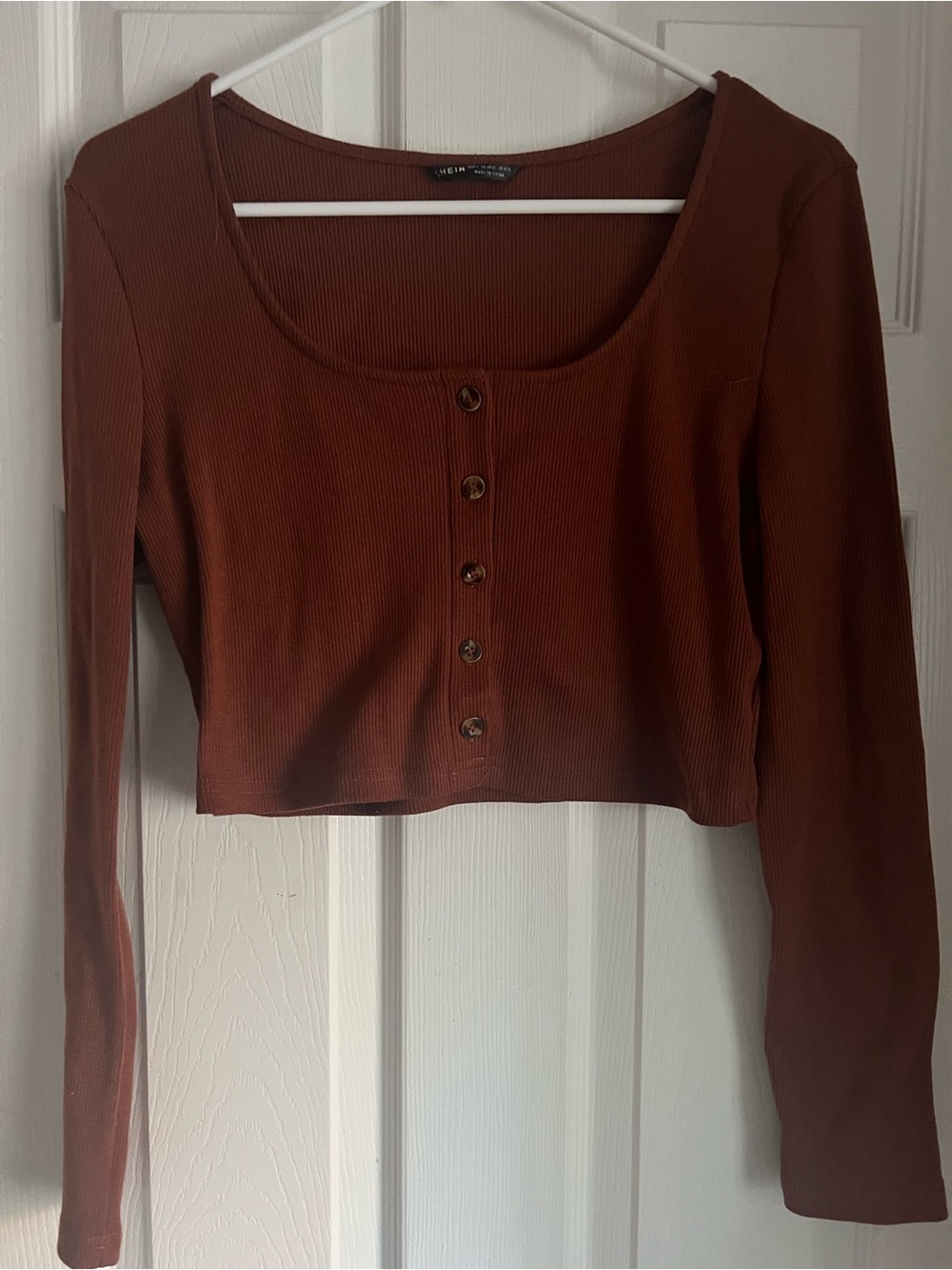 SHEIN Rust Brown Ribbed Button-Front Long Sleeve Crop Top